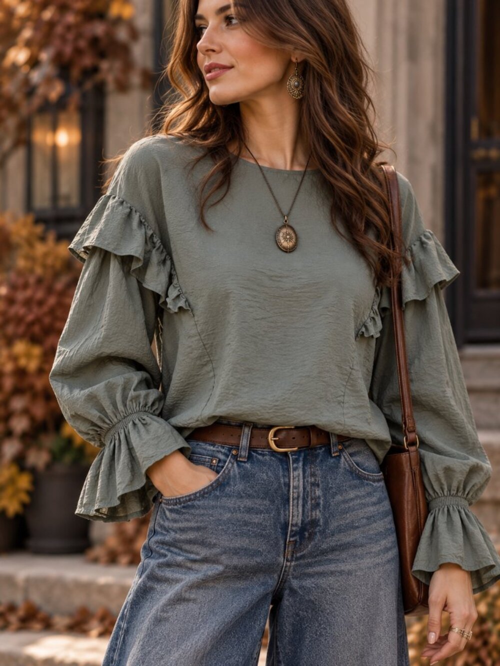 Sage Ruffle Balloon Sleeve Blouse L Romantic Prairie Whimsigoth Prologue EUC